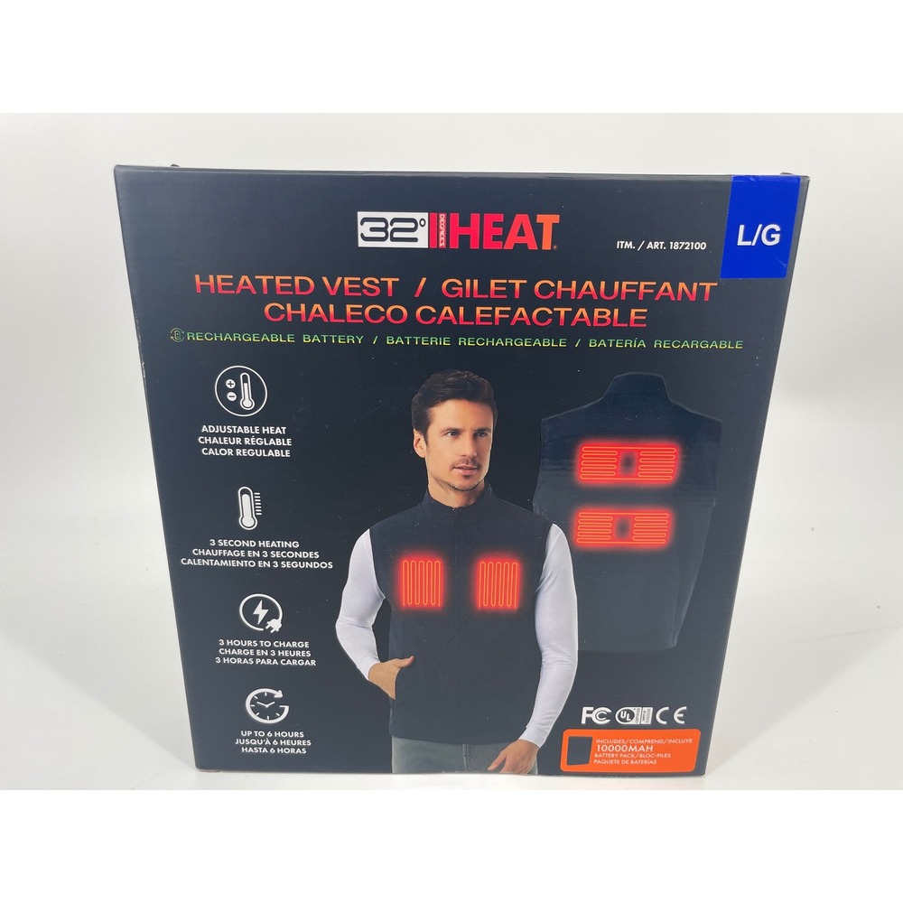 32 Degrees Heat Men's Heated Vest Large Black Rechargeable Battery 1872100 NIB